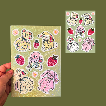 90's Plushie & Strawberry Large Glitter Sticker Sheet | Nostalgic Y2K Retro Toy Bunny Lamb Angel Bear Floral Jellyfish