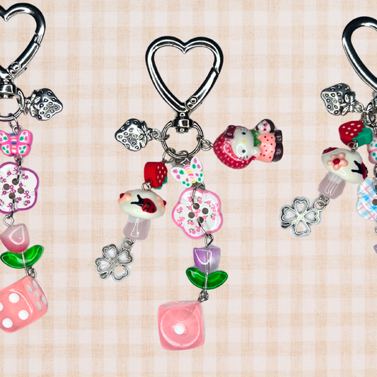 Cottagecore Button Keychain with Strawberry Kitty Charm