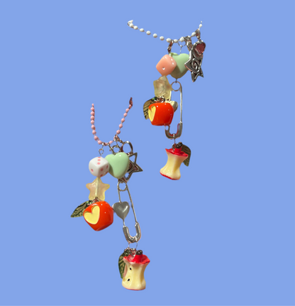 Handmade Twee Apple Keychain Charm | Whimsical Cute Safety Pin Fruit Star Dice
