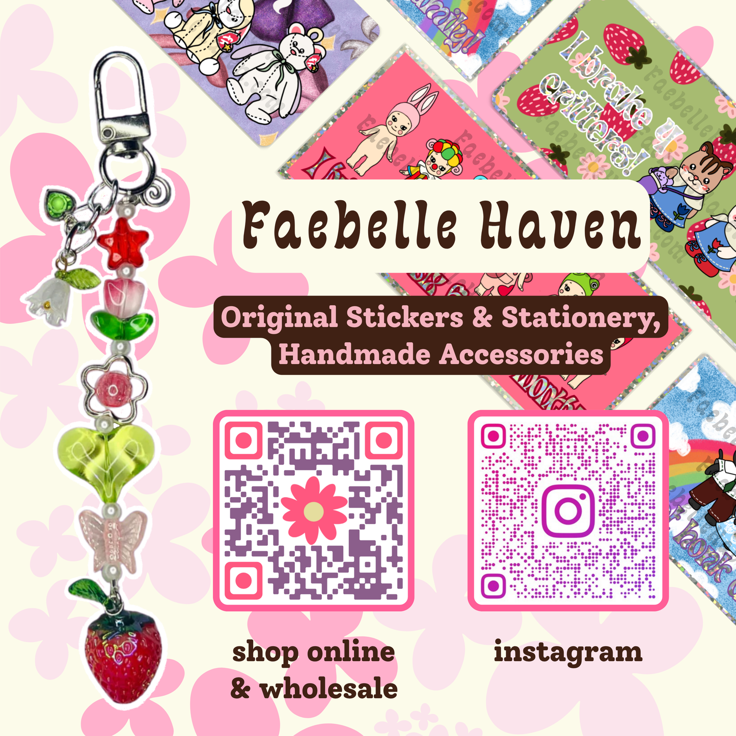 Keychain with charms on a colorful background featuring Faebelle Haven branding.